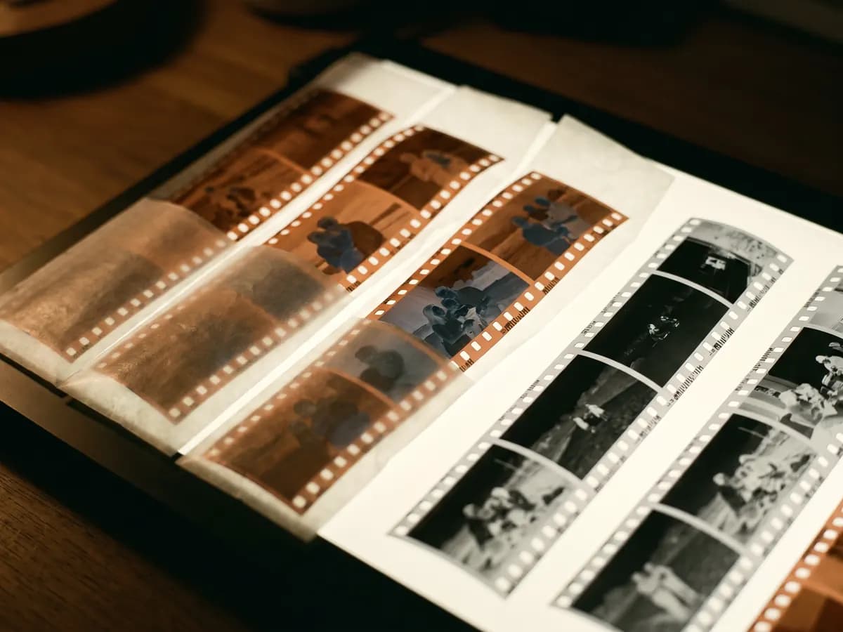 Color and black-and-white negative strips in archival sleeves in an open binder