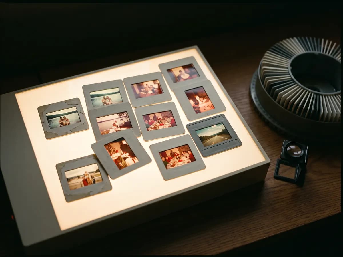 Old 35mm slides laid out on a glowing light box