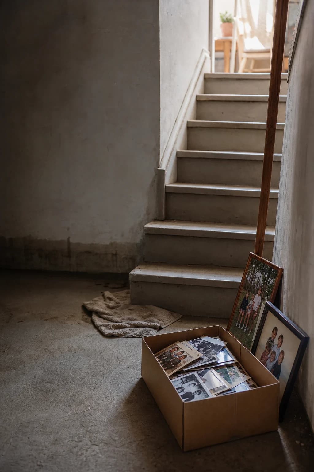 A shoebox of family photographs and framed prints beside basement stairs after water damage