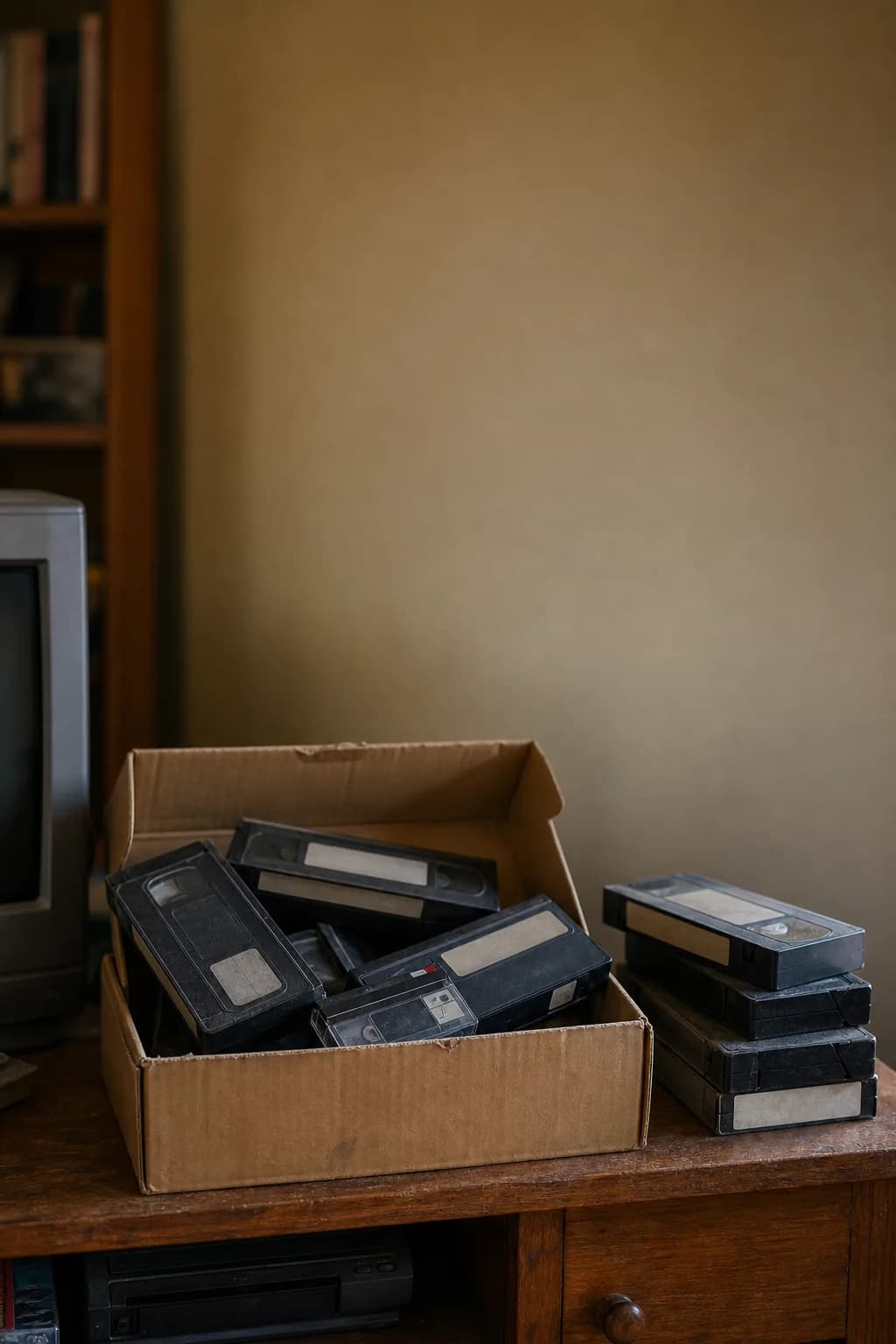 A shoebox of well-worn VHS tapes and camcorder cassettes on a wooden TV stand